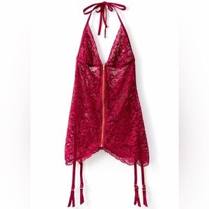 Dreamgirl | Lace Garter Chemise Lingerie | Red| Halter Zip Front | O/S